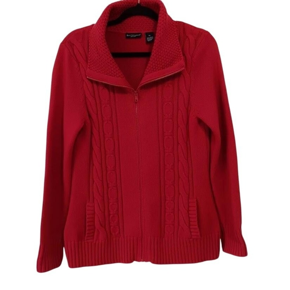 Bay Studio Cardigan Sweater Womens Petite Large Red Full Zip Cable‎ Knit Pockets